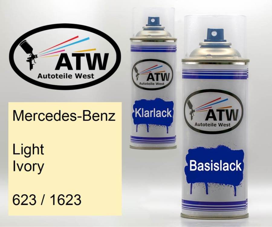 Mercedes-Benz, Light Ivory, 623 / 1623: 400ml Sprühdose + 400ml Klarlack - Set, von ATW Autoteile West.